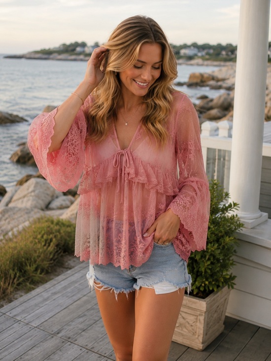 Tops - Sheer Pink Lace Babydoll Top Bell Sleeve Boho Blouse Medium